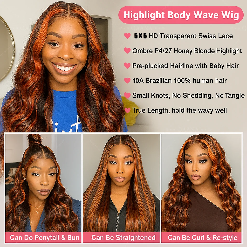 الزنجبيل مختلط براون الباروكات Balayage # 4/350 النحاس الأحمر تسليط الضوء على 5x5 الدانتيل أمامي غلويليس شعر مستعار شعر الإنسان فيتنام الجسم موجة الباروكات