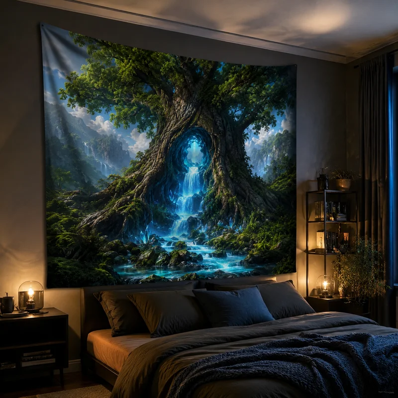 VIKAMA Boho Fantasy Forest Tapestry Giant Ancient Hollow Tree Blue Glow Waterfall Wall Blanket Dorm Bedroom Decor