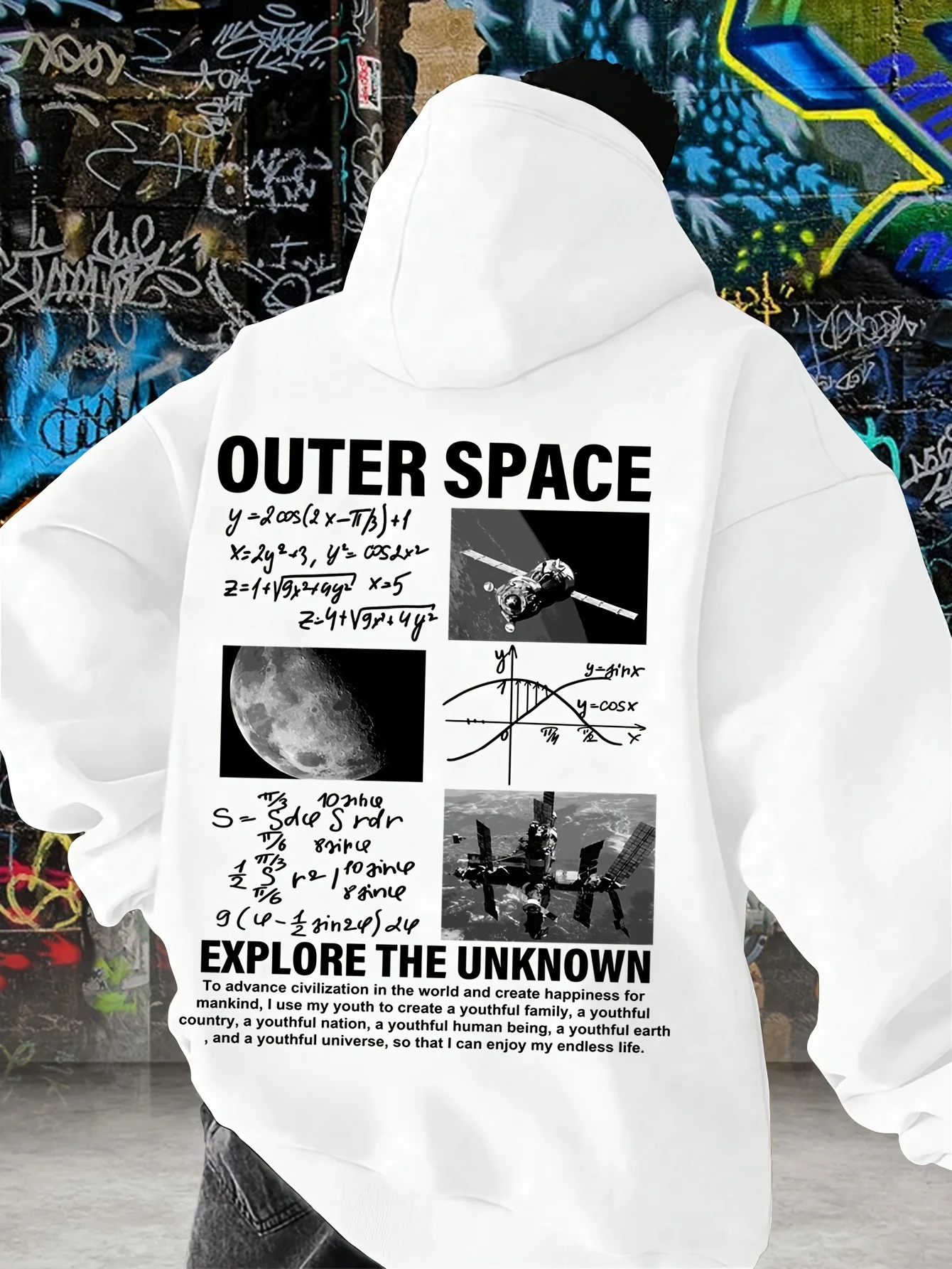 Space Science Satellite Moon Print Hoodie Men Outer Space Formula Graphic Loose Pullover Streetwear Sweatshirt