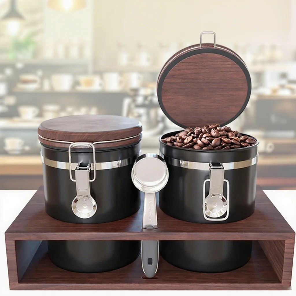 Kitchen Countertop Food Storage Jar Stainless Steel Coffee Sugar Container Airtight Tea Tin Can Canister Set with Shelf & Spoon