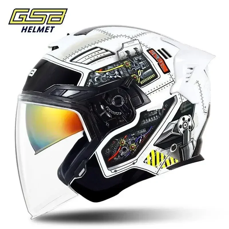 GSB 3/4 Open Face Motorcycle Helmet Male Female Electric Half Helmet Semi Overlapping Double Lens Four Seasons 3/4 Safety