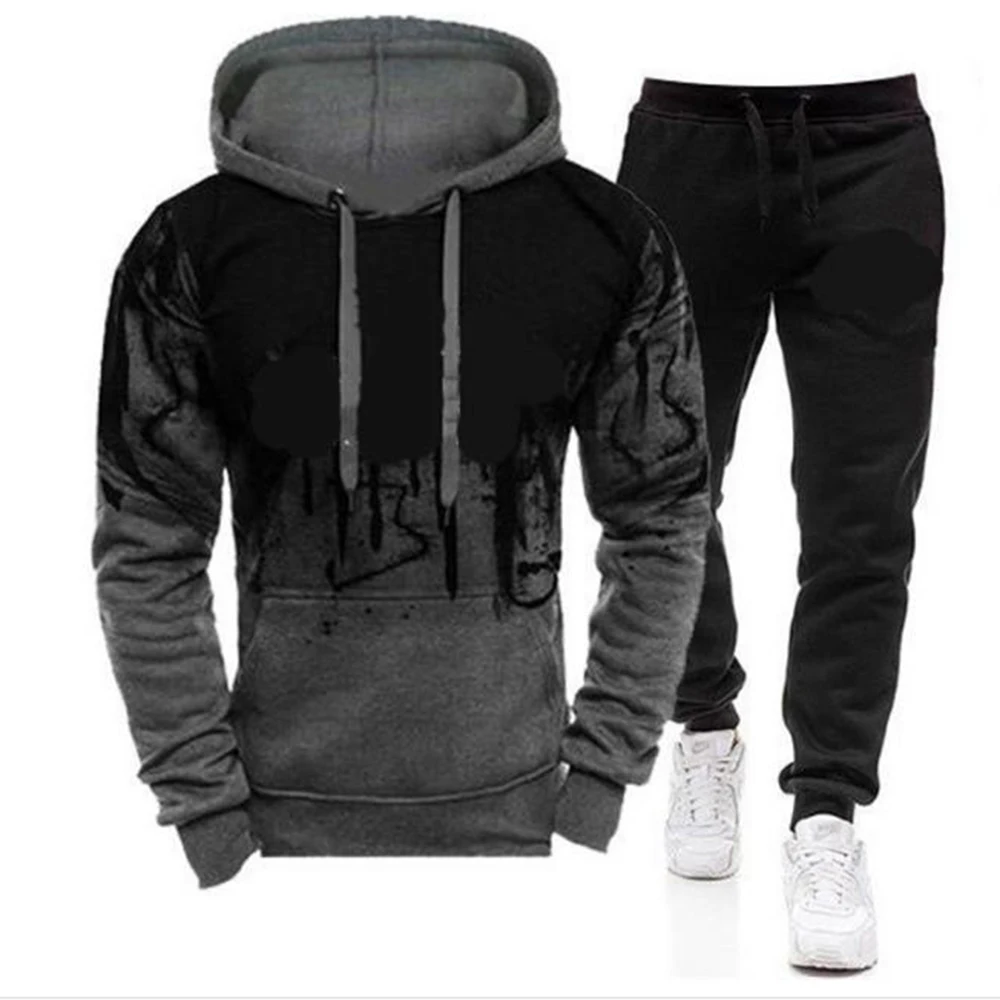 Spring Autumn Men's Tracksuit Splash Ink Hoodies + Jogger Pants 2 Piece Sets Casual Fitness Male Personality Gradient Sportswear