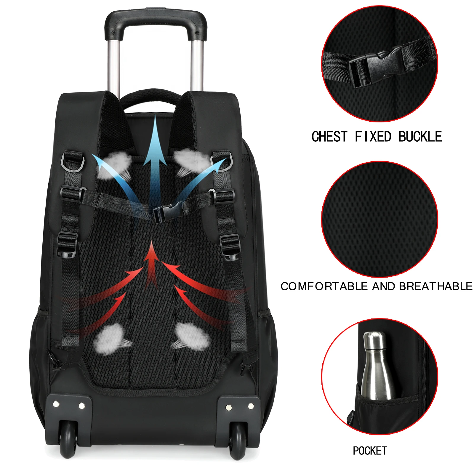 Rolling backpack with wheels suitable for 17.3-inch laptop business backpack for women and men, waterproof travel luggage bag