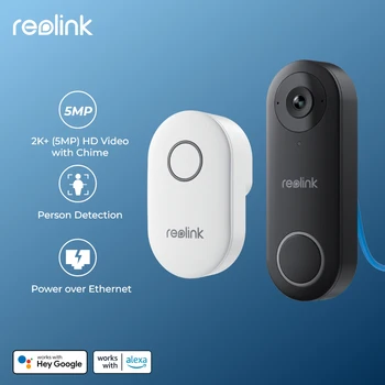 Reolink 2K+ WiFi 비디오 도어벨 스마트 야외 홈 비디오 인터콤 인간 감지 유선 PoE 도어벨 차임 지원 Alexa