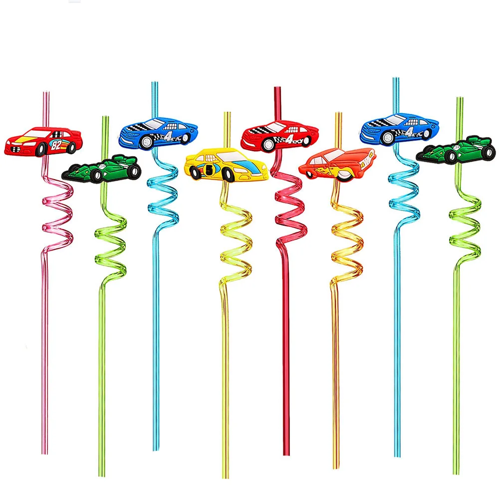 8pcs Race Car Plastic Straw Race Car Party Favors Drinking Straw Fast Two Birthday Party Supplies