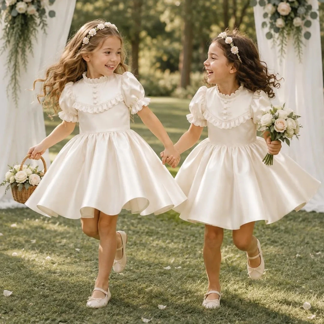 Customized Flower Girl Dress Ivory Satin Lace With Bow Short Sleeve For Wedding Birthday Prom Party Banquet Evening Ball Gown