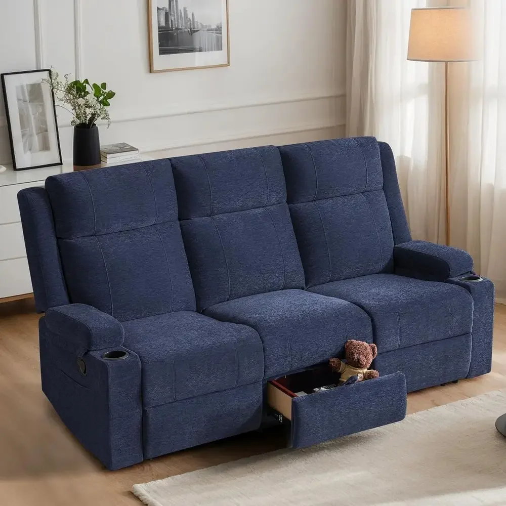 75 Manual Reclining Sofa with Storage, 3-Seat Wall Hugger Recliner Couch, Cup Holders, Side Pockets, Chenille Fabric, Compact fo