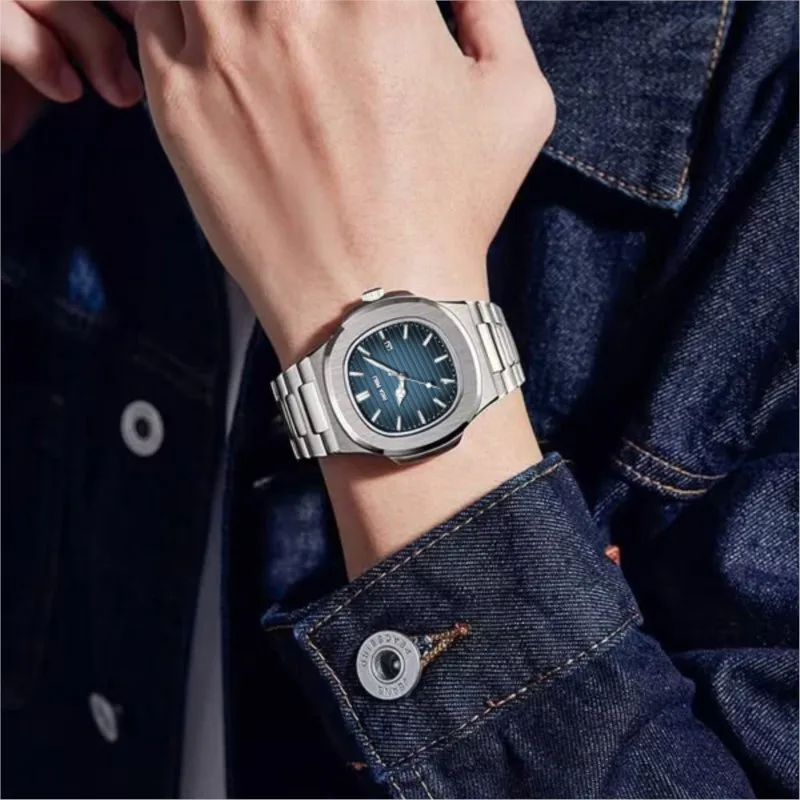 ساعة فاخرة للأعمال مقاوم للماء ساعة رجالية من الفولاذ المقاوم للصدأ مضيئة تاريخ مربع كوارتز ساعات رجالية reloj hombre 2025 جديد