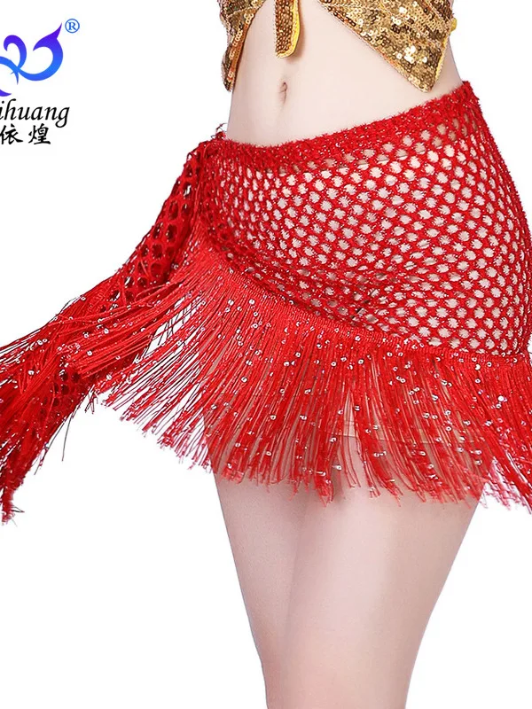 New Style Dance Tassel Waist Chain Belly Dance Bead Piece Tassel Waist Scarf Dance Practice Performance Lace Hollow Hip Scarf