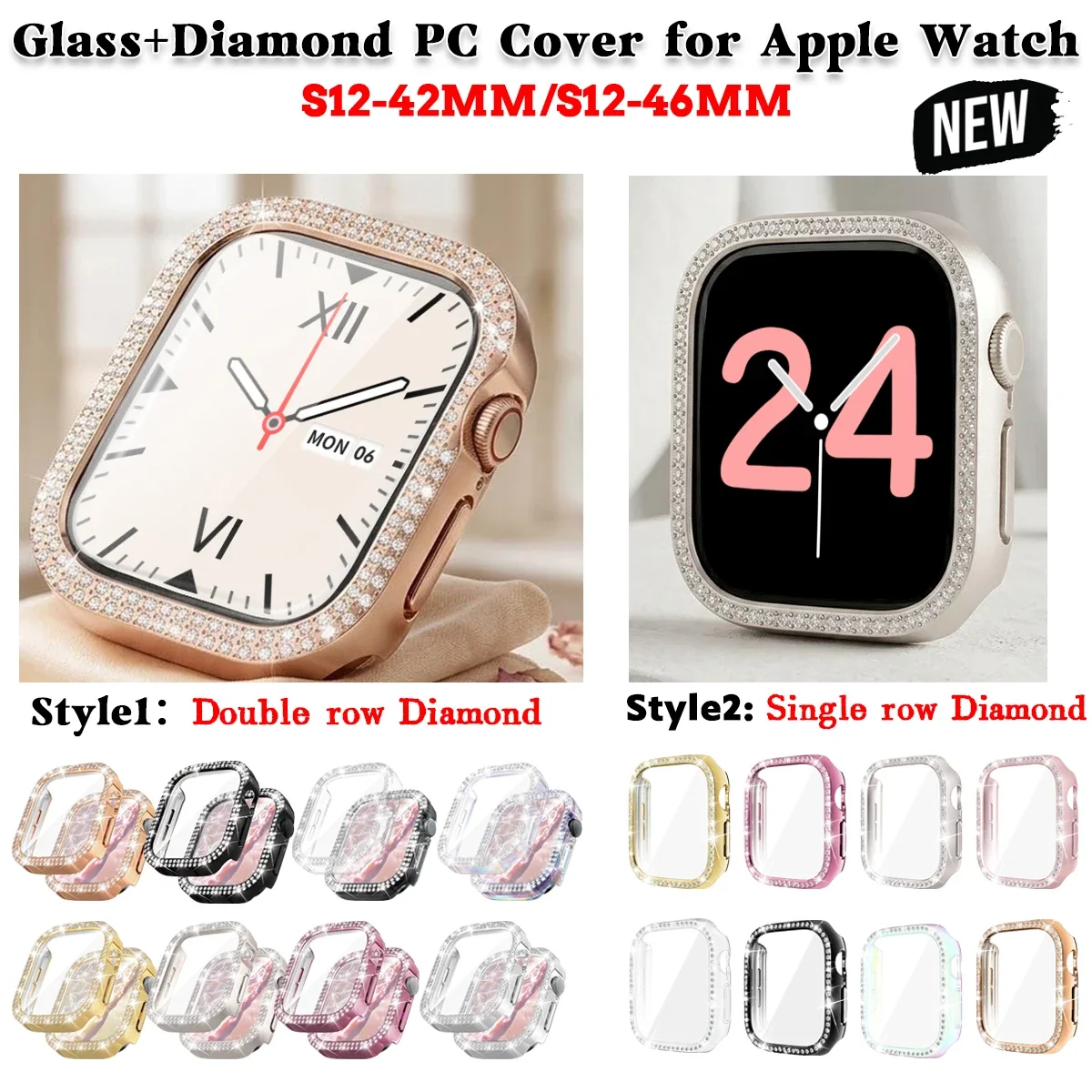 Glass+Diamond Cover For Apple watch S12 46mm 42MM Bling Bumper Protector PC case iWatch Series s12 Single row/Double row Diamond