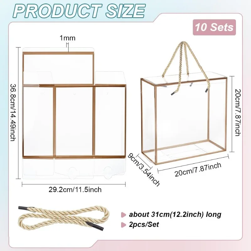 10 Packs Clear PP Plastic Gift Box 7.8x7.8x3.5 Inch Treat Gift Boxes with Gold Border and Handle Favor Box with Cord