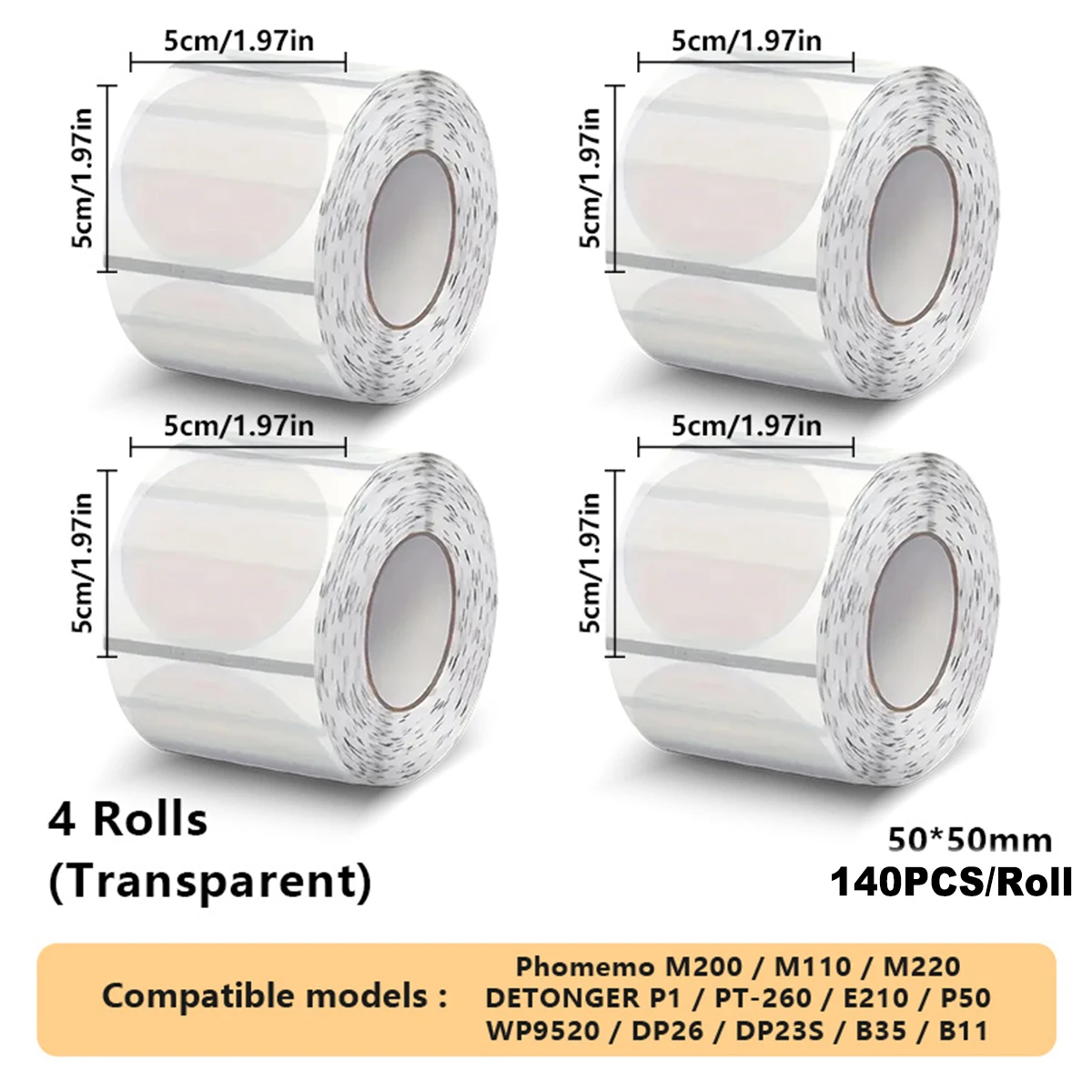 4 لفات من ورق الملصقات الحرارية الشفاف ذاتي اللصق - متوافق مع الطابعات الحرارية B3S/M200/M210/M110، مقاس 50 × 50 مم/1.97 بوصة #1