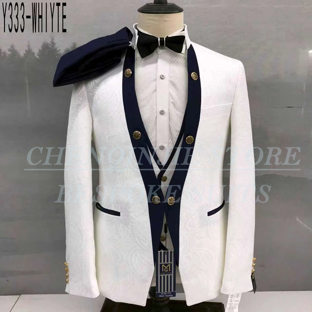 

Luxury White Jacquard Men's Suits Formal Single Breasted 3 Piece Jacket Pants Vest Full Sets Wedding Blazer Outfits Costume