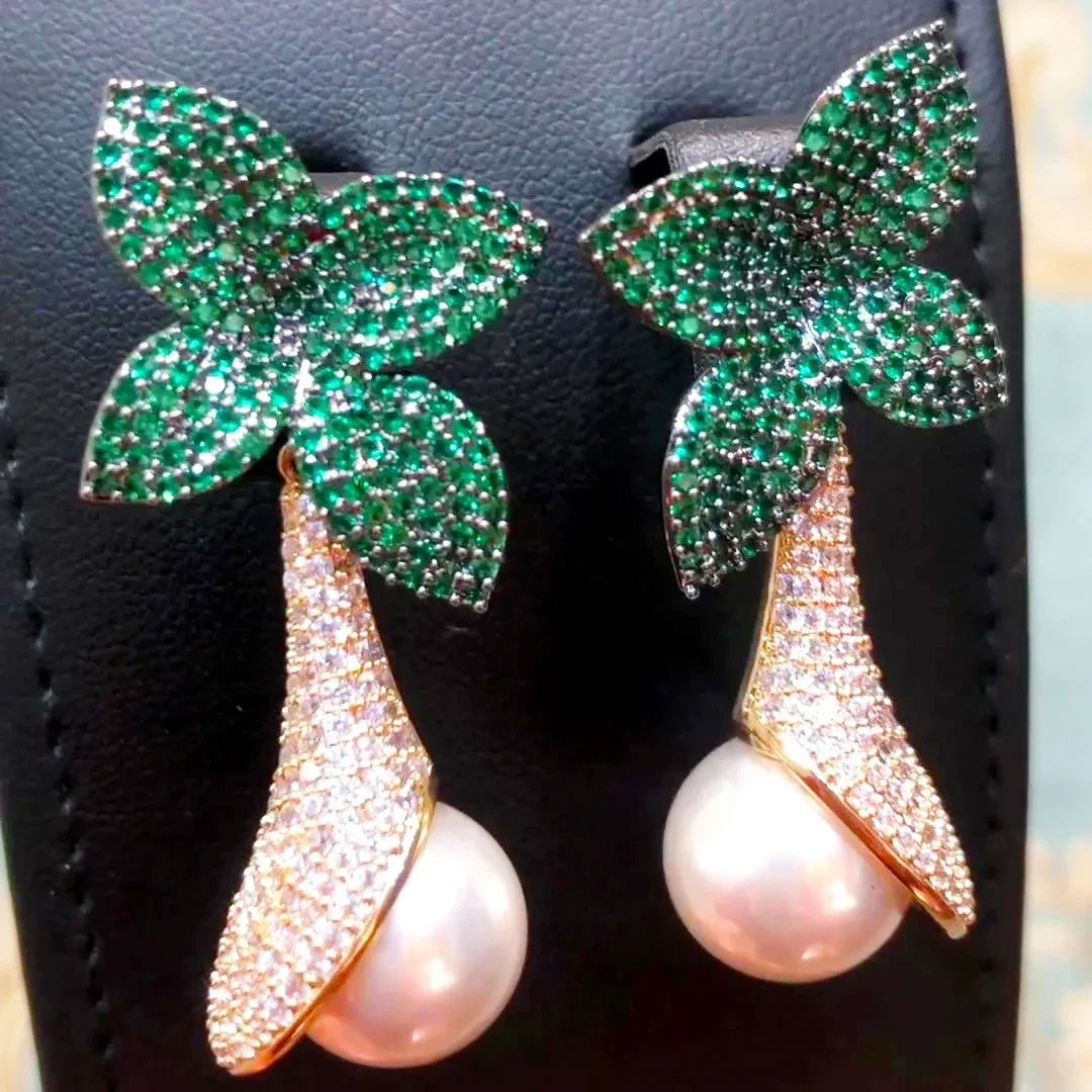 

Kellybola Original Green Flower Pearls Drop Earrings For Women Lady Bridal Fine Jewelry Full CZ Accessories 2023 Earrings