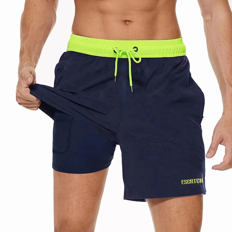 Neueste Herren-Shorts 2-in-1 mit langem Innenfutter, schnelltrocknend, Strand- und Surf-Badehose für Herren, Badeshorts mit Taschen, Damen-Sommer-Laufhose – Detail 6