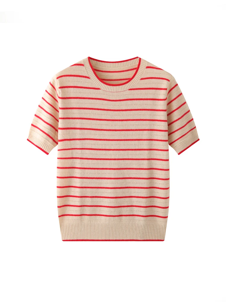 Women Cashmere T-shirt O-neck Short Sleeve Pullover Sweater For Spring Summer 100% Cashmere Knitwear Female Striped T-shirt