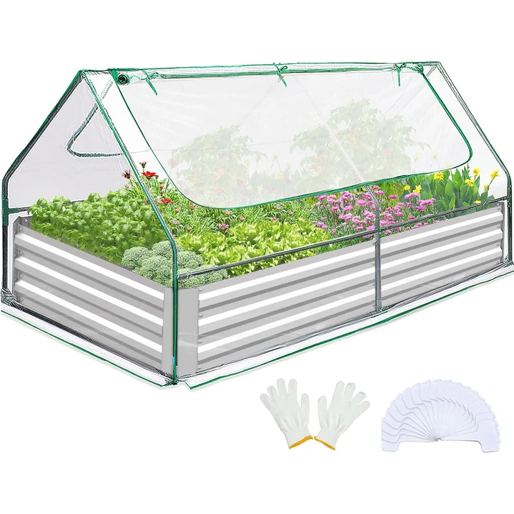 

Raised Garden Bed with Cover Outdoor Galvanized Metal Planter Box Kit, w/ 2 Large Screen Windows Mini Greenhouse 20pcs T Tags 1