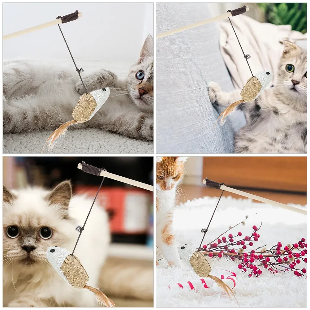 Interaktiver Katzenspielstab mit Glocke, Maus, Papierseil, Leinen-Spielzeug und Haustierbedarf für Katzen, um sich zu unterhalten und die Langeweile zu vertreiben.