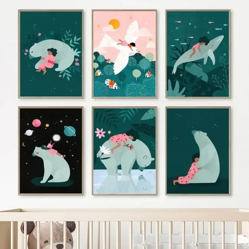 Whale Cheetah Bear Celestial Girl Nursery Wall Art Posters Minimalist Print Canvas Painting for Living Room Modern Home Decor