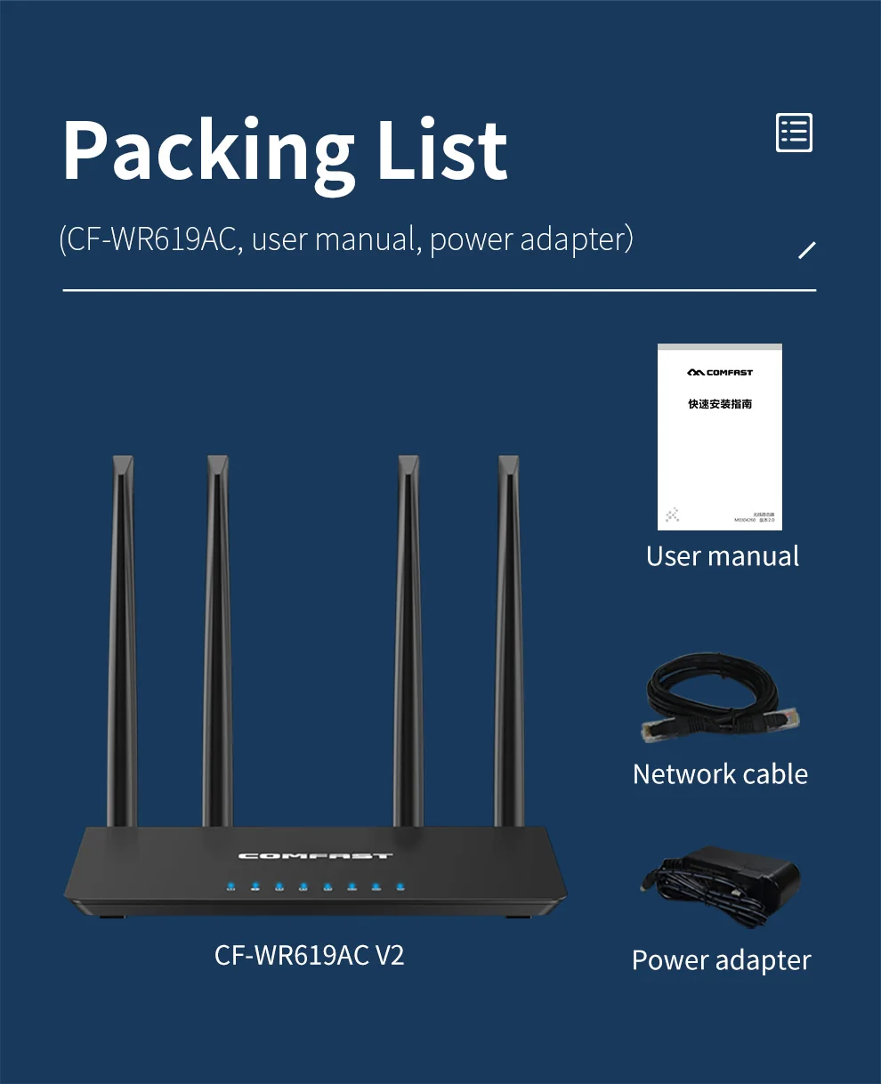 Roteador WiFi com 4 Antenas, Amplificador de Sinal Sem Fio, Mimo Booster, Repetidor para Casa, Preto, 2.4G, 5G, AC1200 Gigabit, 2.4G