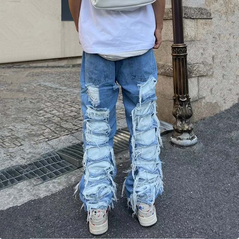 2024 Ropa Grunge Y2K Streetwear Baggy Stacked Ripped Jeans Pants Men Clothing Straight Washed Blue Denim Trousers Pantaloni Uomo