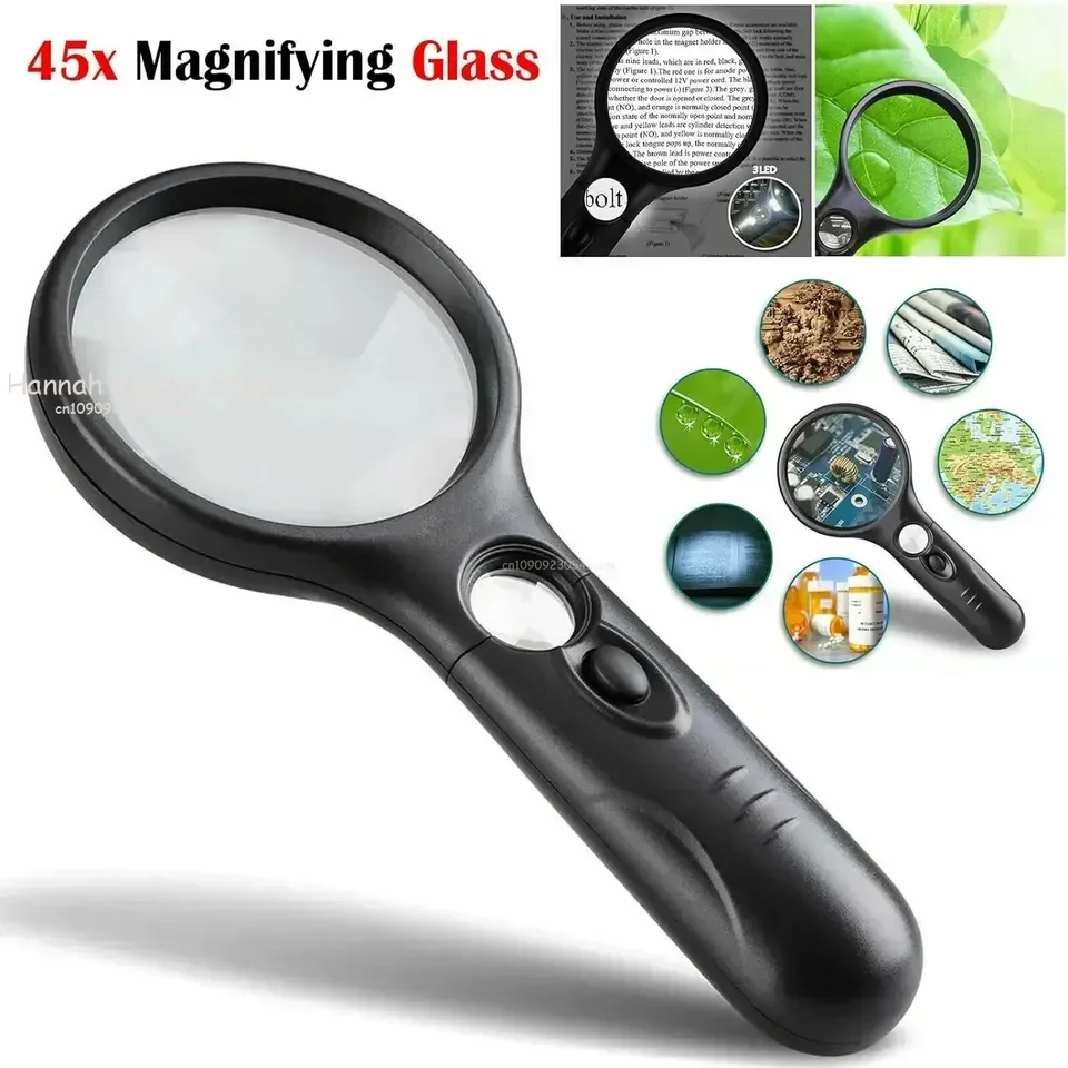 45x 10X Handheld Reading Magnifier Illuminated With 3 LED Microscope Lens Jewelry Magnifying Reading Glass Repair Tool