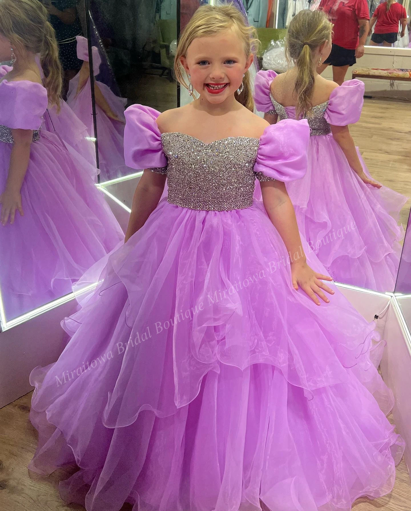 Preteen Girl Pageant Dress Puff Sleeves Beading Crystal Bodice Kid Birthday Formal Cocktail Party Gown Teens Junior Miss Gala