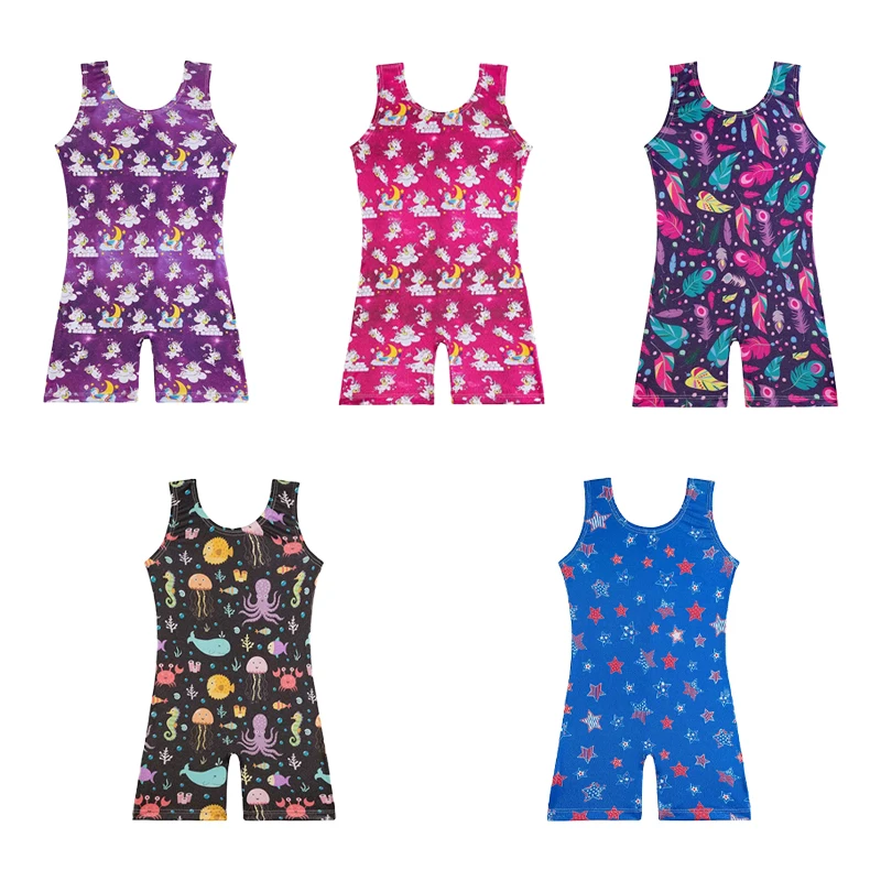 Mädchen-Gymnastik-Trikots für Kinder, bunte Muster, ärmellose Ballett-Trikots für Gymnastik, Tanz, Tank, Radfahren, Overalls