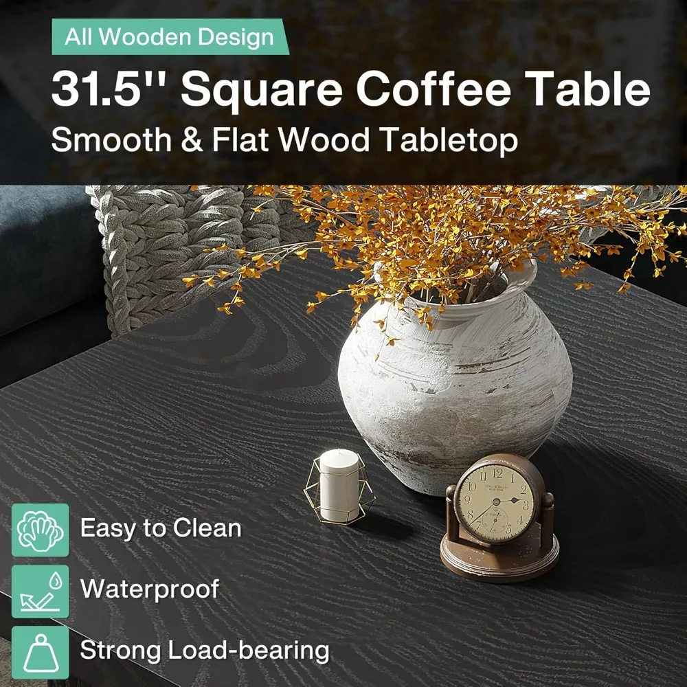 Square Coffee Table, 31.5-Inch Fluted Coffee Table, Mid-Century Modern Living Room Table, Large Cocktail Table for Living Room,