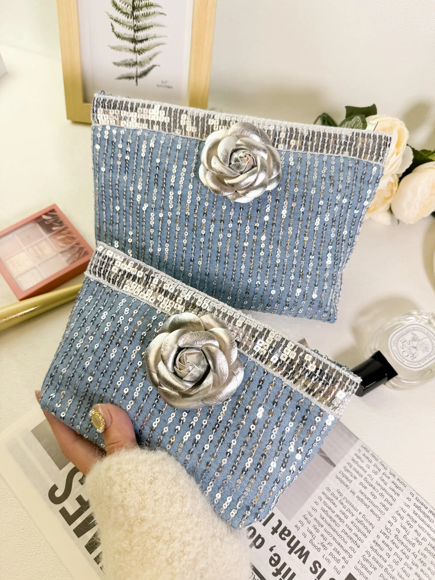 3D Floral Glitter Sequin Makeup Bag for Women Elegant Luxury Party Clutch Fashion Large Capacity Travel Cosmetic Pouch