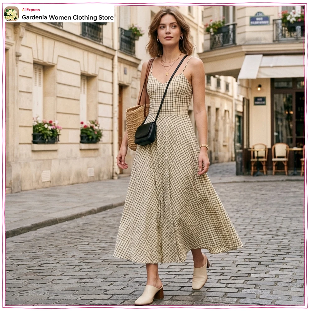 

Stylish Women's Plaid V-neck Dresses with Spaghetti Straps and Flared Hem Elegant Strappy Midi Dresses with Elastic Smocked Back