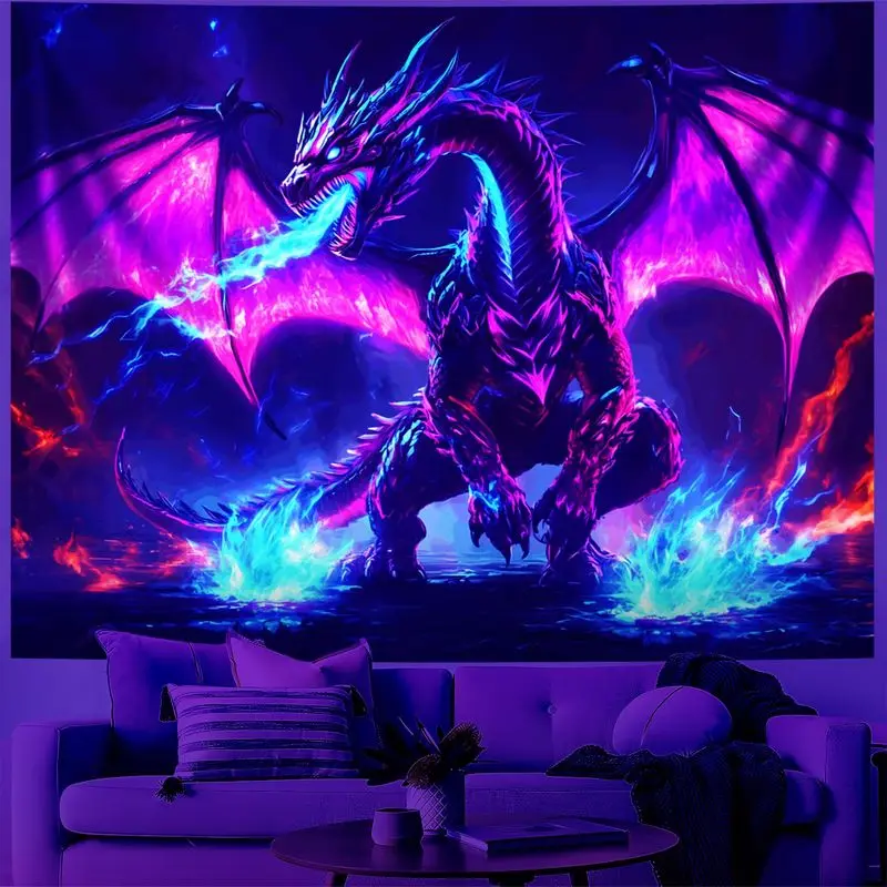 VIKAMA Blacklight Purple Neon Dragon Fire Flames Fantasy UV Reactive Tapestry Mythical Wall Hanging Decor Soft Durable Cozy Gift