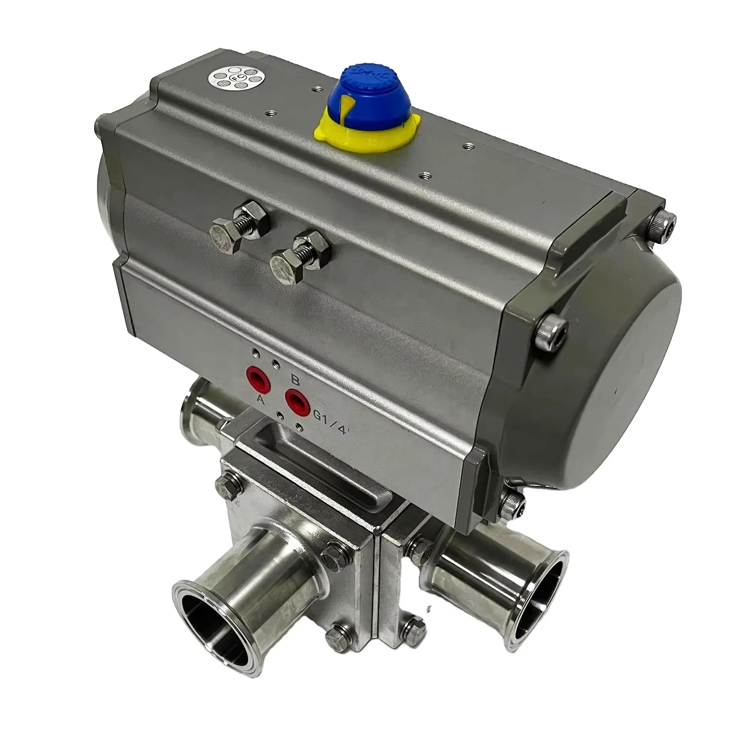 2Inch TC64MM Sanitary Stainless Steel SS304 Double Acting Pneumatic Three Way T Port Clamped Square Aseptic Ball Valve for Water