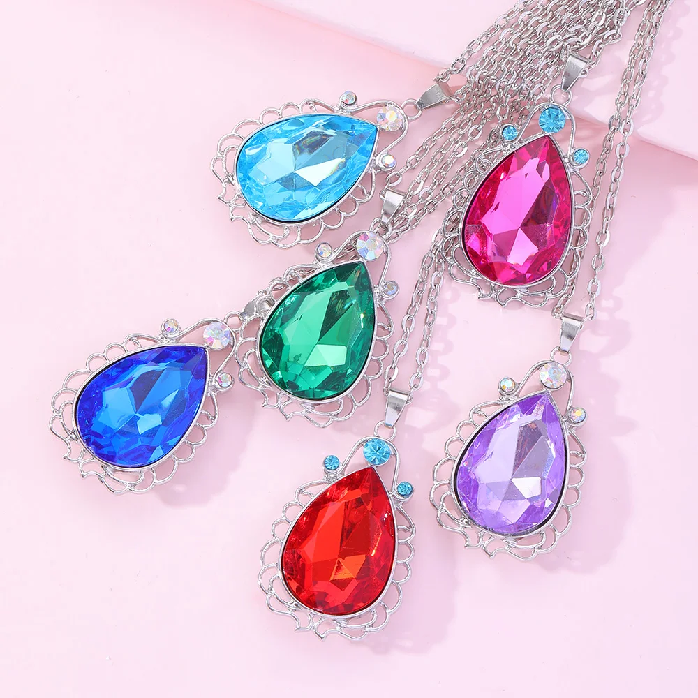 Cheapest 6 Colors Water Drop Lace Pendant Necklace Red Blue Green Purple Pink Crystal Chain Choker For Women Girls Party Gift