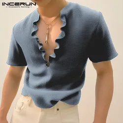 Handsome Well Fitting Tops INCERUN New Men Flounce Design Solid T-shirts Fashion Sexy Cardigan Short Sleeved Camiseta S-5XL 2024