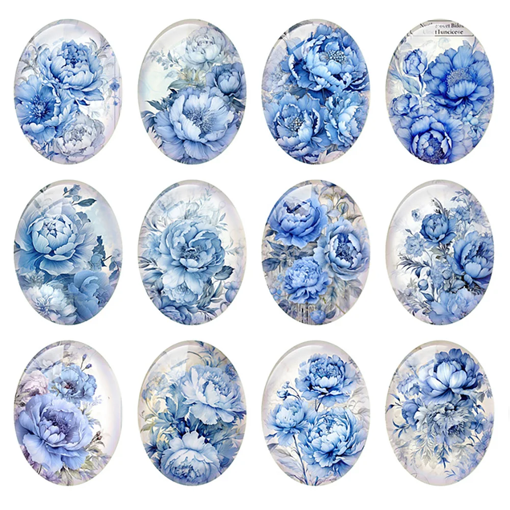 Random Mixed Round/Oval/Square Blue Poeny Flower Photo Glass Cabochon Flatback Demo Cameo For Diy Jewelry Making Handmade