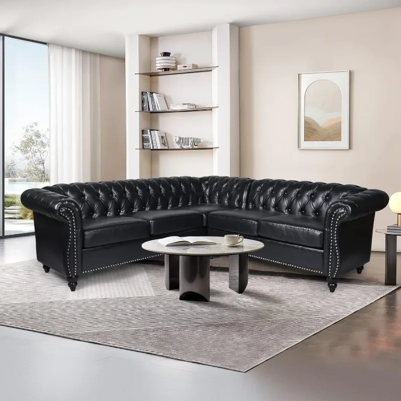 L-Shaped Sofa, Sectional Chesterfield Couch 5-Seater Velvet Upholstered Small Accent Tufted Sofa with Rolled Armrest