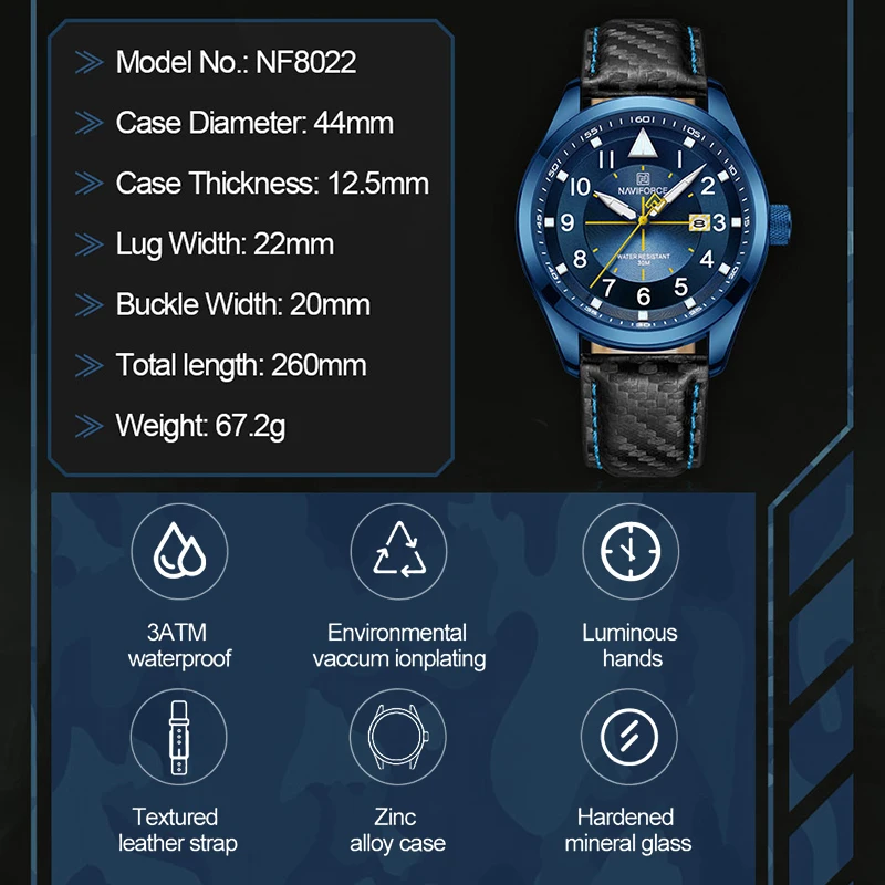 Watches for Men NAVIFORCE New Business Classic Blue Man Leather Quartz Luminous Wristwatch Military Sport Waterproof Male Clock