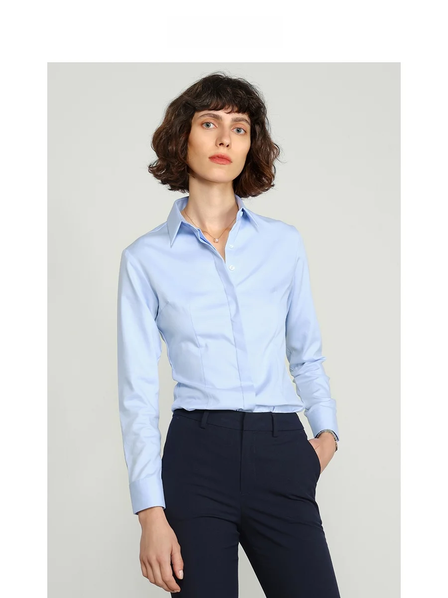 

LeLun Summer New Women's Shirt Light Blue Long Sleeve Career Atmosphere OL Iron Free Business Shirt Pure Cotton Commute Style