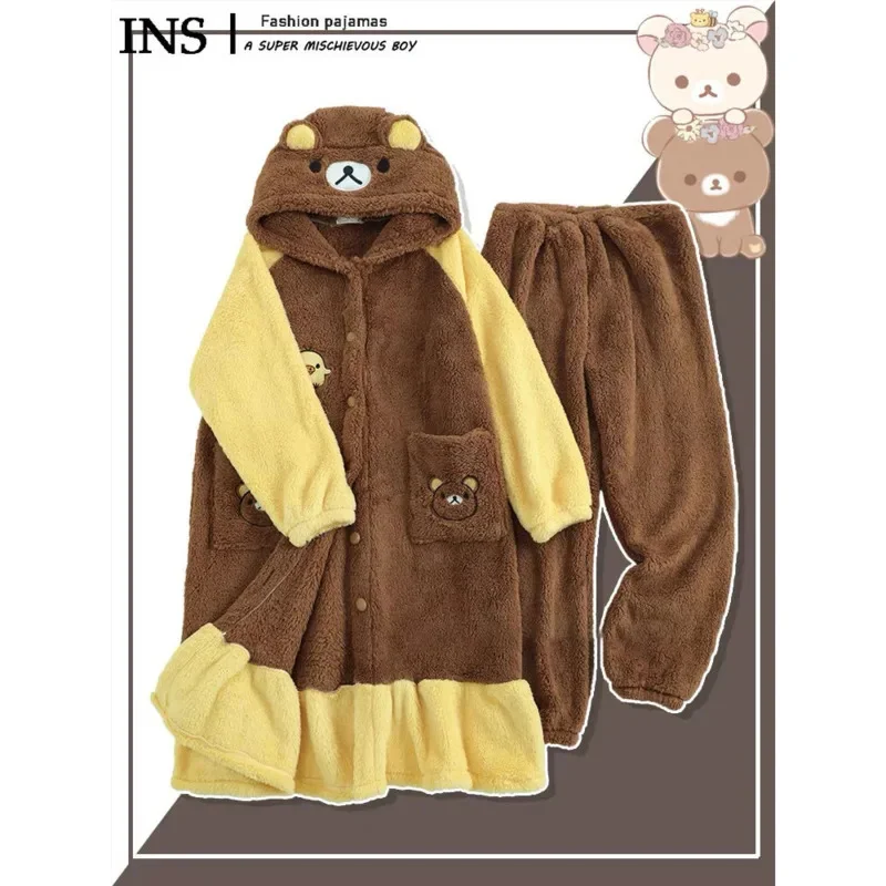 Cute Rilakkuma Pajama SetWinter Warm Fleece Hooded Pajamas Cartoon Plush Women's Loungewear Stylish Thickened Couple's Pajamas