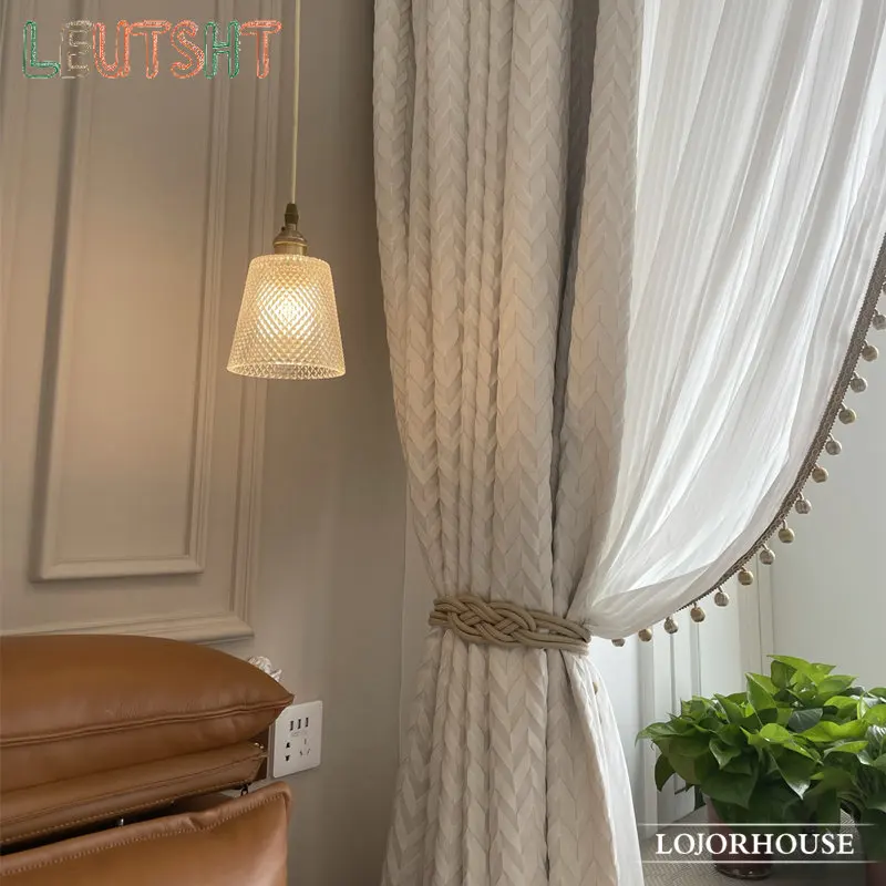 French Curtains for Living Dining Room Bedroom Beige Embossed High Precision Curtain Cotton Linen Light Luxury Curtain Window