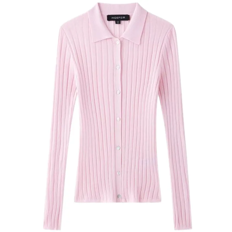 

Spring 2025 Women's Faionable Long Sve Collar Knitted Outerwear Versatile Ribbed Cardigan Sweet Sle Regular Length