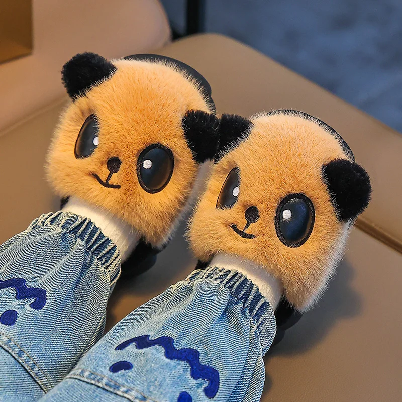 New Winter Warm Cute Cartoon Panda Indoor Mule Soft Non-slip Kids Fluffy Slippers For Boys And Girls Children Home Cotton Shoes