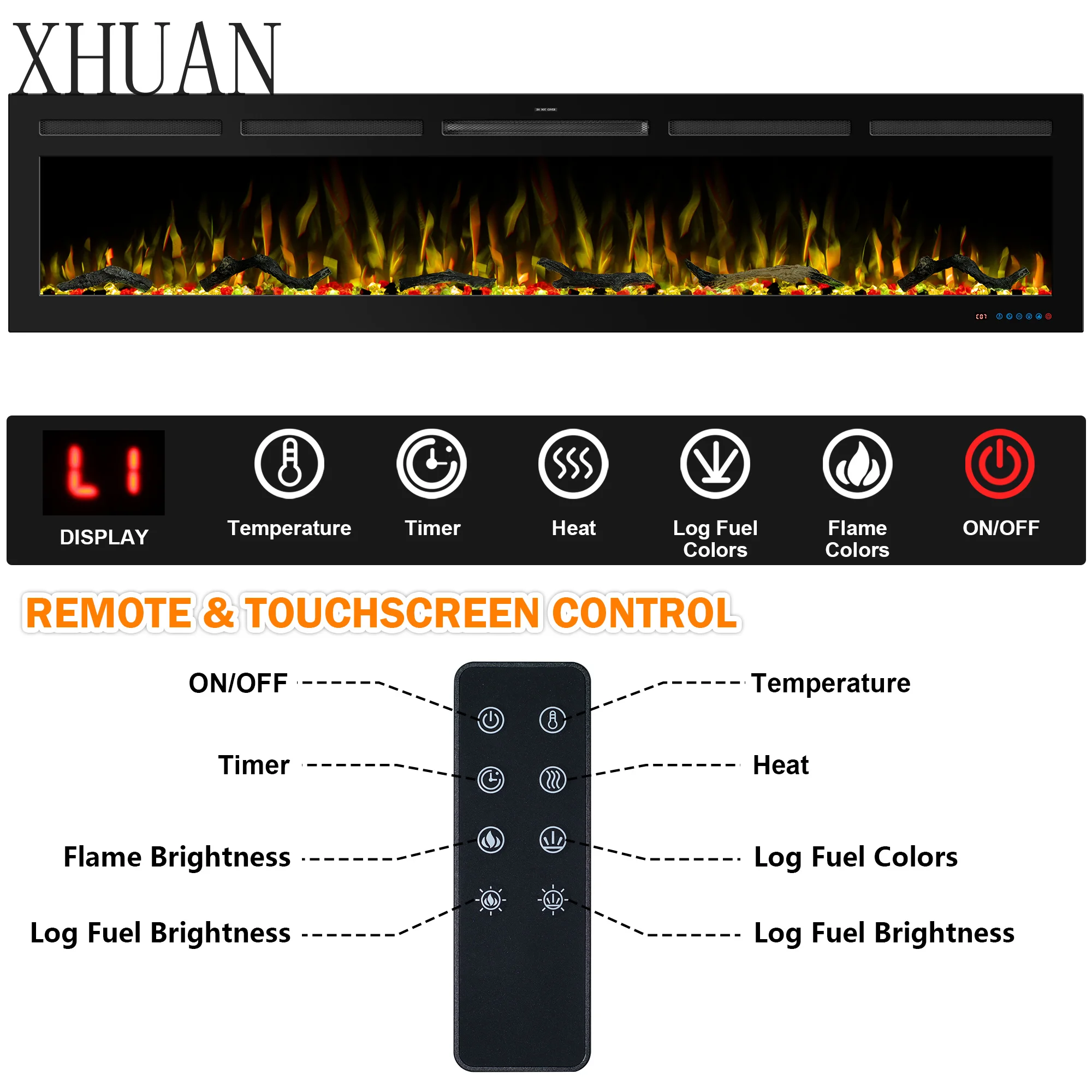 Luxstar Hot Sale 80 Inch Wall-mounted And Recessed Electric Fireplace, Multi Flame And Log Bed Colors W Smart APP Control