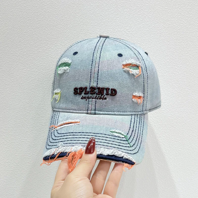 Neue Stil Frauen Kappe Tränen Stil Loch Vintage Bunte Linien Baseball Caps Weibliche Casual Outdoor Streetwear Denim Hut – Detail 10