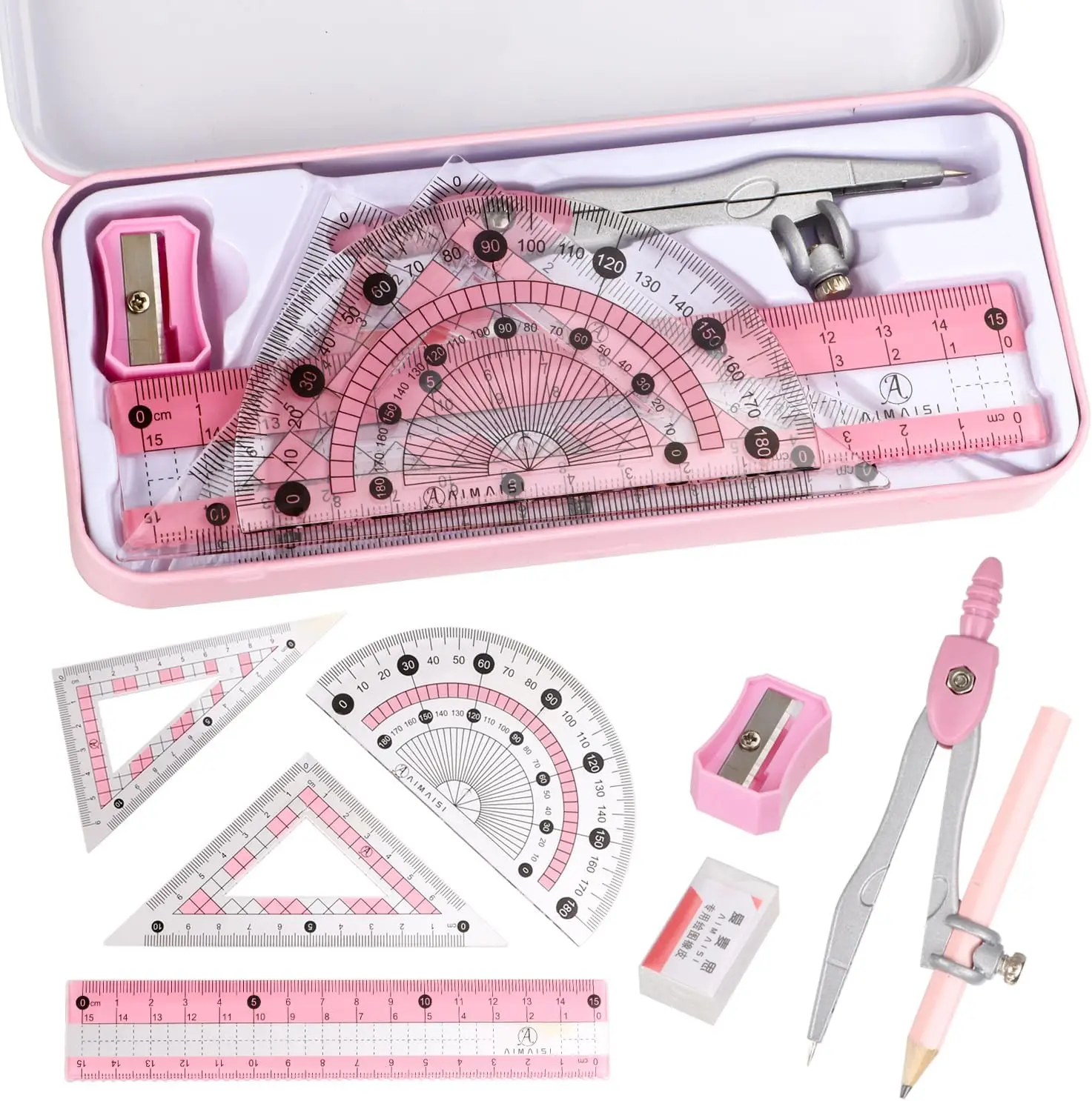 

8-Piece Metal Compass & Protractor Set in Case for School Math Drawing