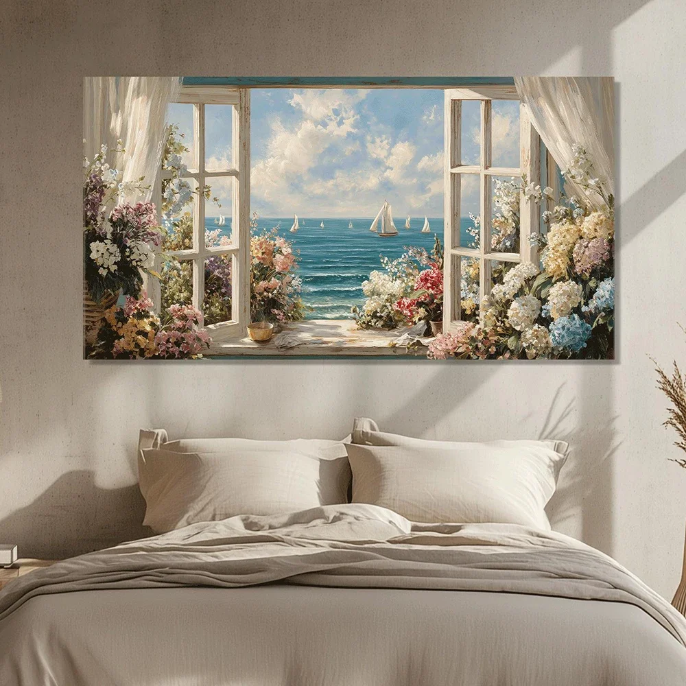 Frameless Canvas PaintingCoastal View Canvas Print Open Window With Flowers, , Living Room And Bedroom Wall Decoration, Holiday