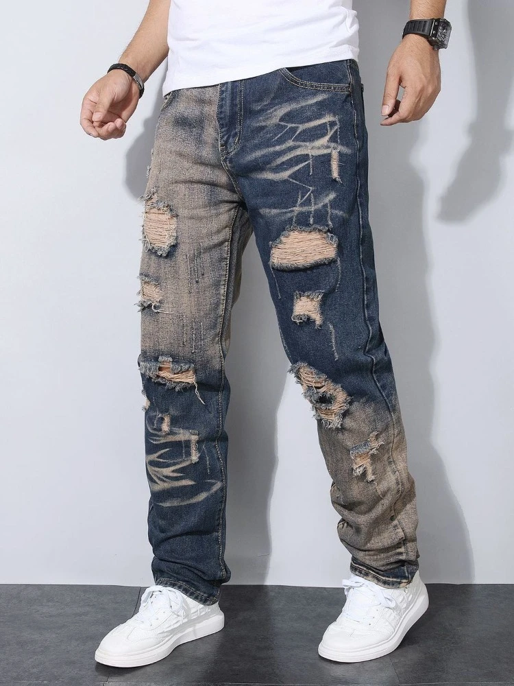Men's Ripped Color Block Jeans American Streetwear Slim Fit Non Stretch Denim Pants, Durable Casual Trouser