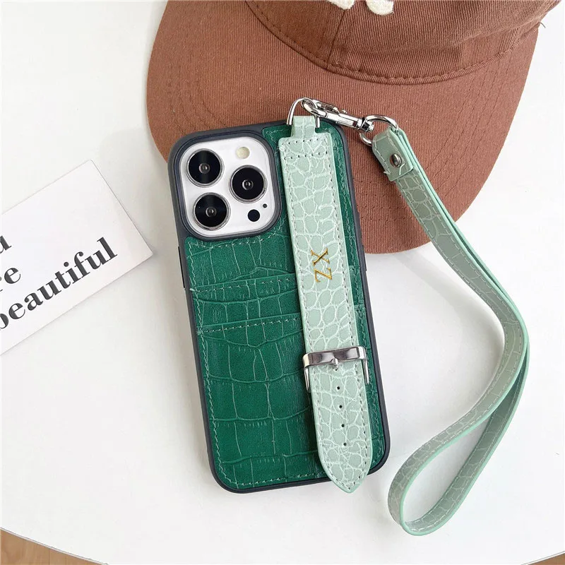 Customized Gold Letters PU Leather Card Holder Cases For iphone 13 14 Pro Max 12 15 Pro Max14 plus Luxury Wrist Strap hard Cover