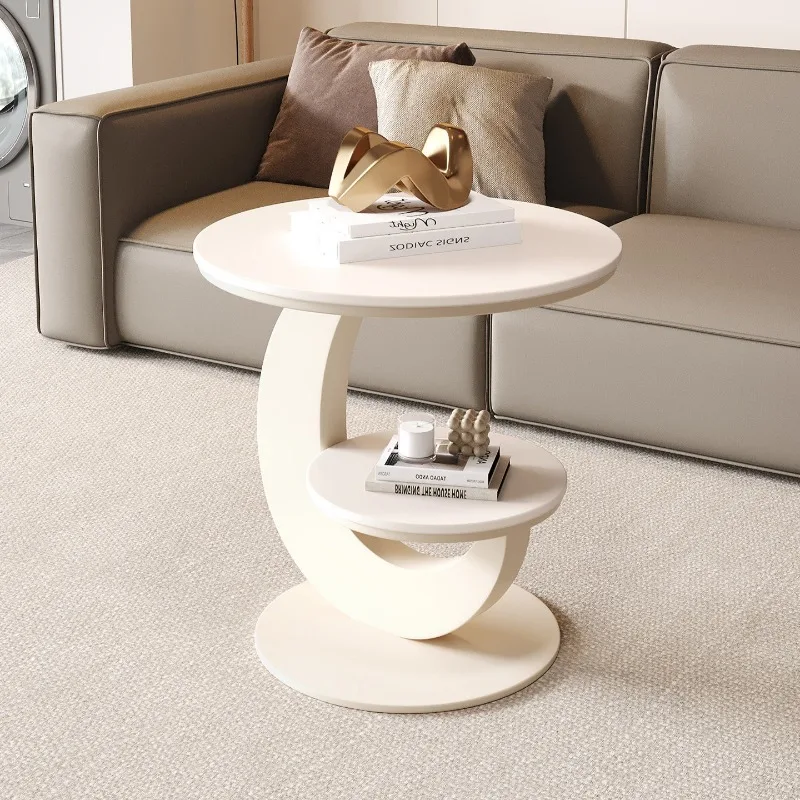Cream Style Rock Slate Sofa Side Table Light Luxury Round Mini Table Double Tier Corner Side Table for Living Room Household